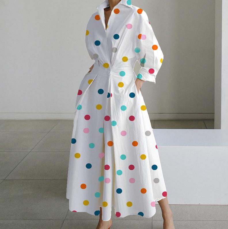 S-2XL Autumn Long Sleeve Dot Print Elegant Maxi Women's Casual V-neck Shirt Party Long Dress Nightdress Women