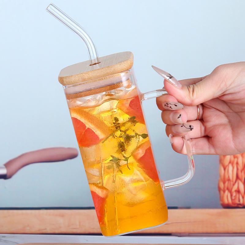 Hot Sale Water Tumbler Transparent Glassware Beverage Ice Coffee Tea Cup Square Glass Cup With Lid Straw Handle