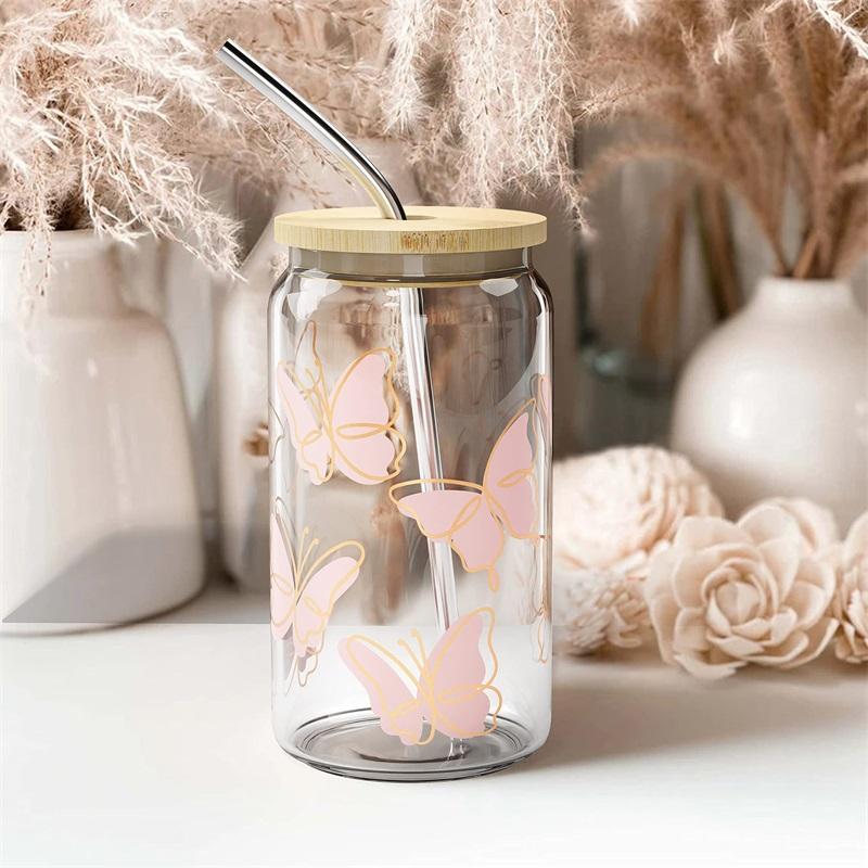 UV Printing 16 Oz 20 Oz 25 Oz Soda Beer Can Shaped Glass Juice Milk Drinking Glass With Bamboo Lid And Straw For Christmas
