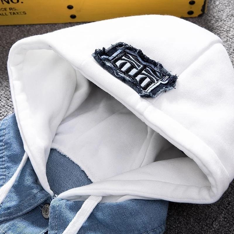 Custom Men Hooded Jacket Long Sleeve Fashion Jacket Jeans Jacket Hooded Rear Logo Print Patch Design For Men Fashion