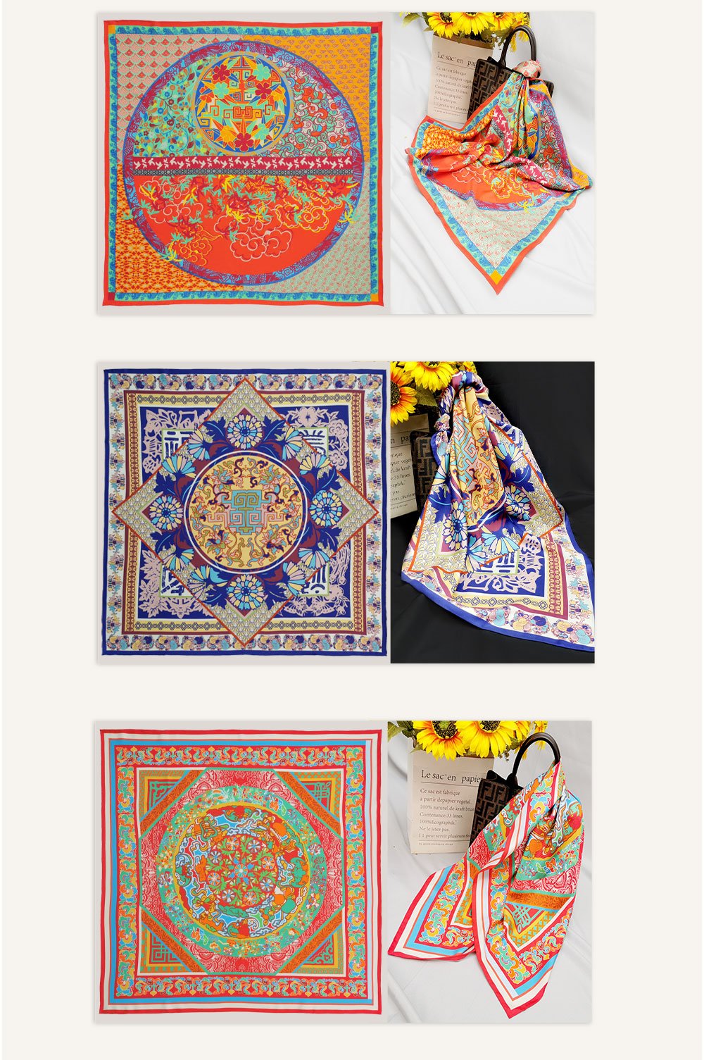 Chinese Traditional Elements Printed Custom Silk Scarf 90*90cm Square Mulberry Silk Scarf Custom Printed Silk Scarf