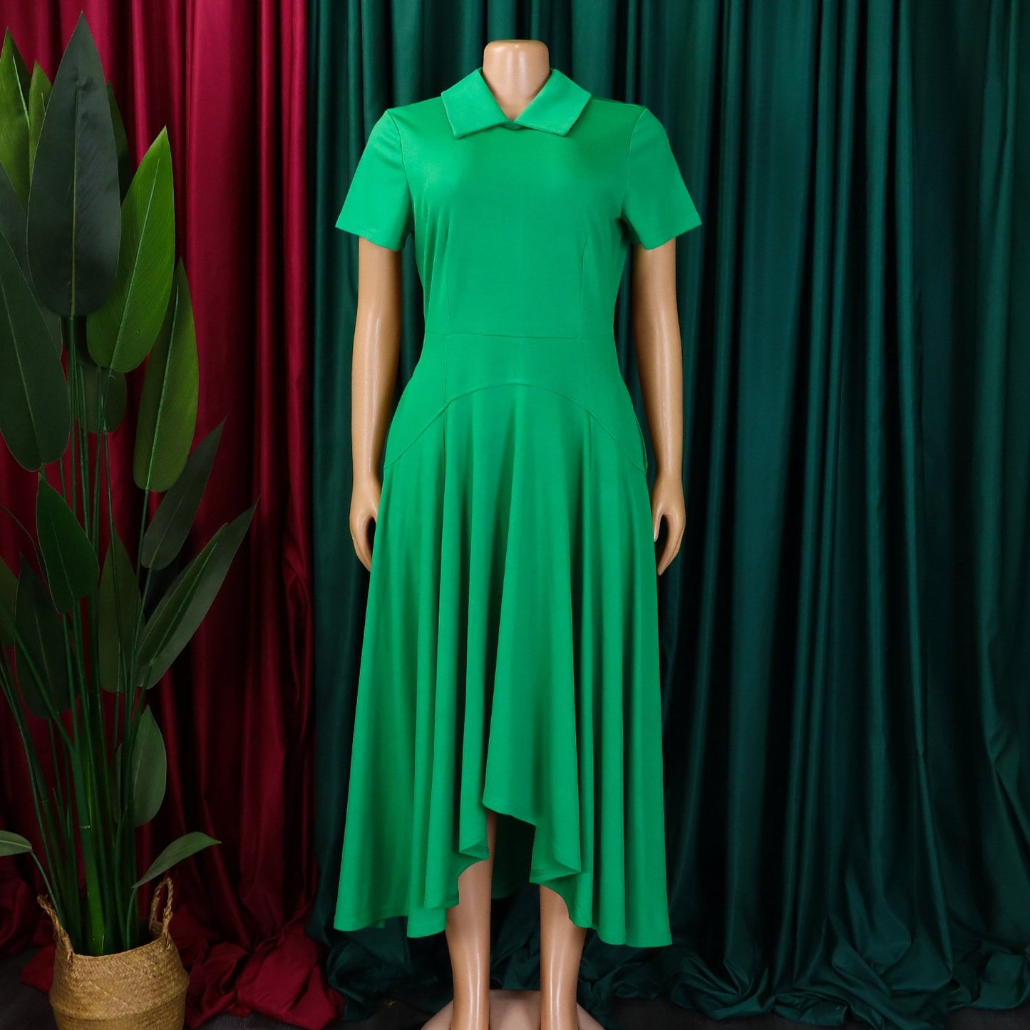 D514 Fashion Summer Party Dress Women Polo Collar Short Sleeve High Waist A- Line Dress Elegant African Women's Dress