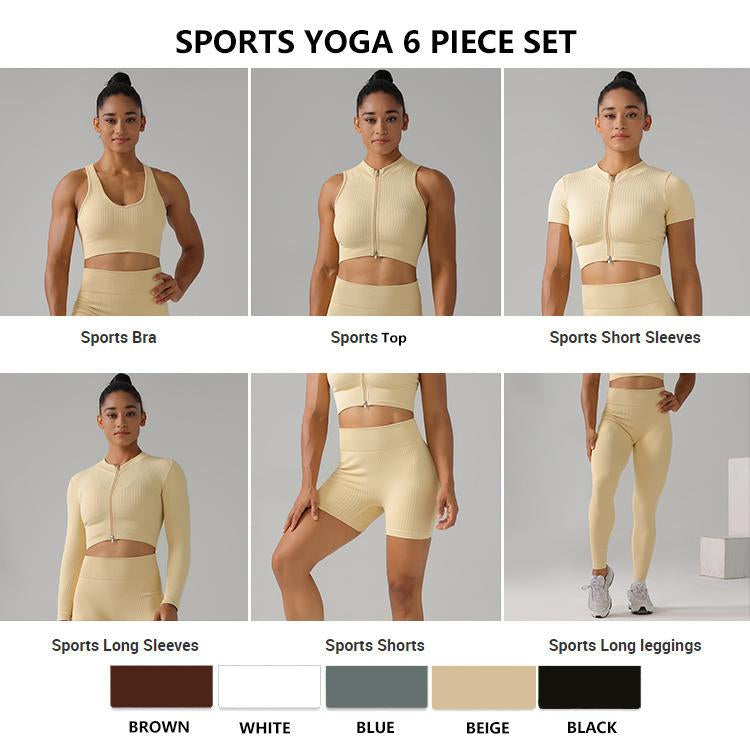 High Quality Rib Zipper 6-piece Set Active Wear Fitness Seamless Yoga Suit Sports Bra Leggings Women's Fitness Suit