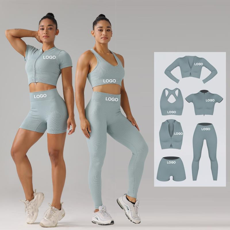 High Quality Rib Zipper 6-piece Set Active Wear Fitness Seamless Yoga Suit Sports Bra Leggings Women's Fitness Suit