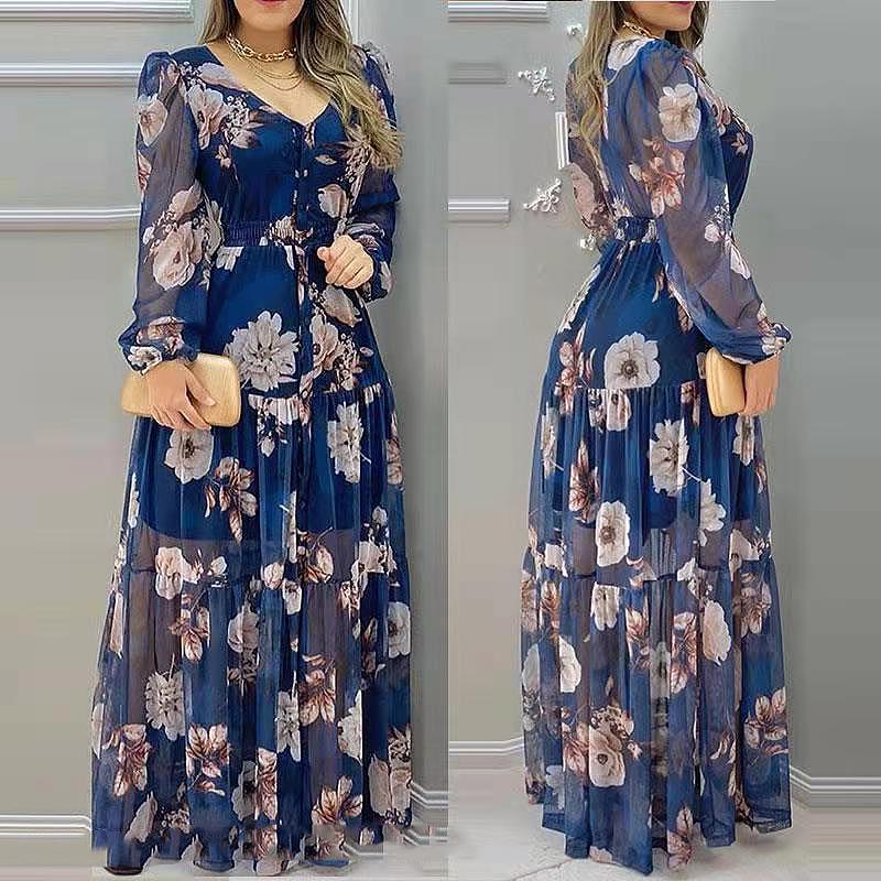 Wholesale Custom Chiffon Floral Dress Casual V-neck Mesh Print Maxi Dress Women Elegant Long Dress