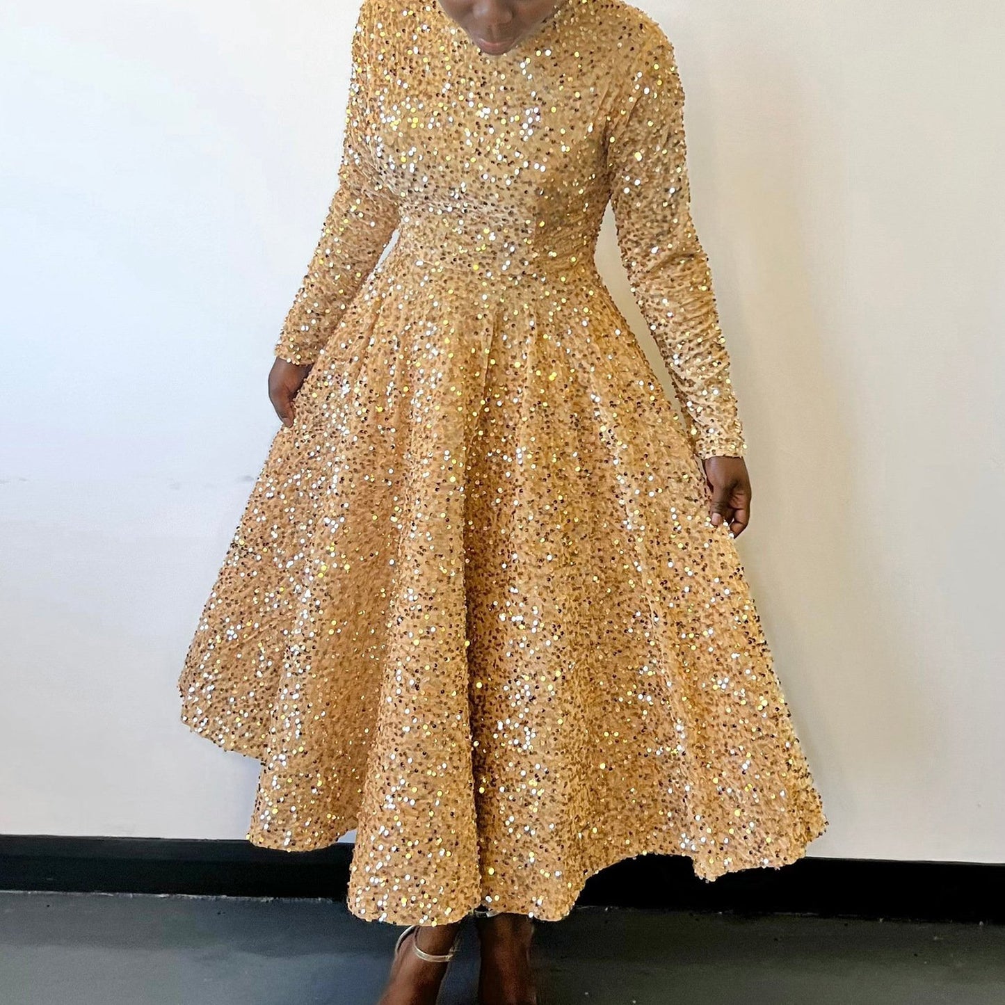 D469 Fashion Party Dress Women O Collar Long Sleeve High Waist A Line Sequin Dress Women Luxury Evening Dress
