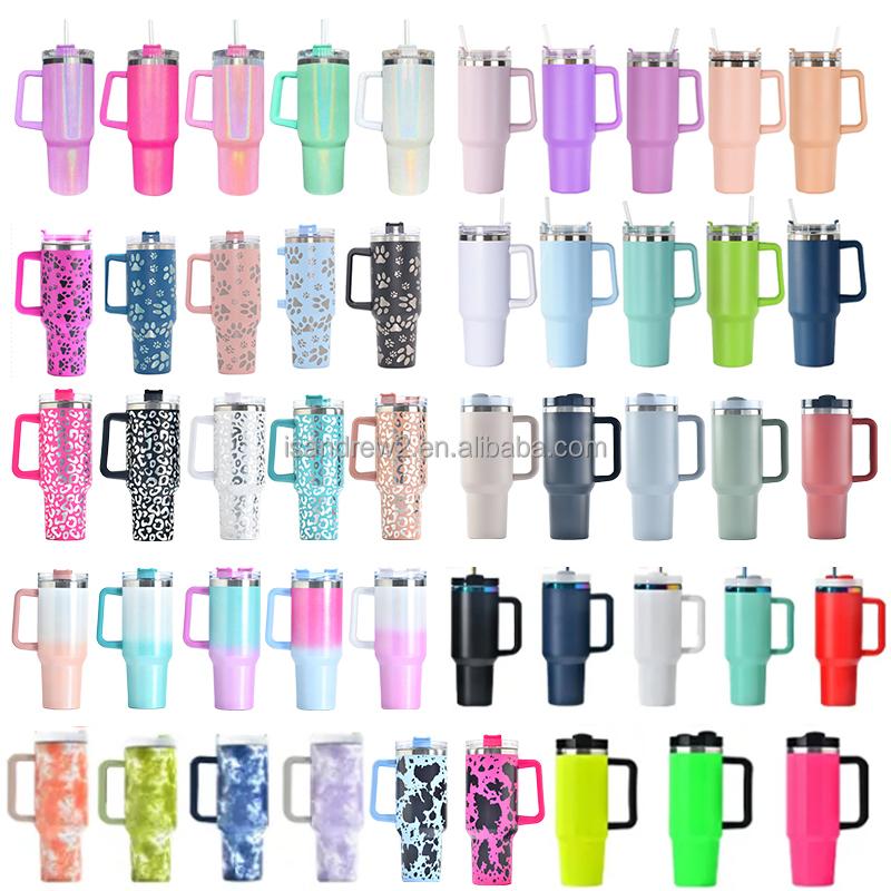 Custom 40 Oz Tumbler Reusable Stainless Steel Insulated Water Bottle 40 Oz Coffee Cup Travel Car Cup With Handle Straw Cover