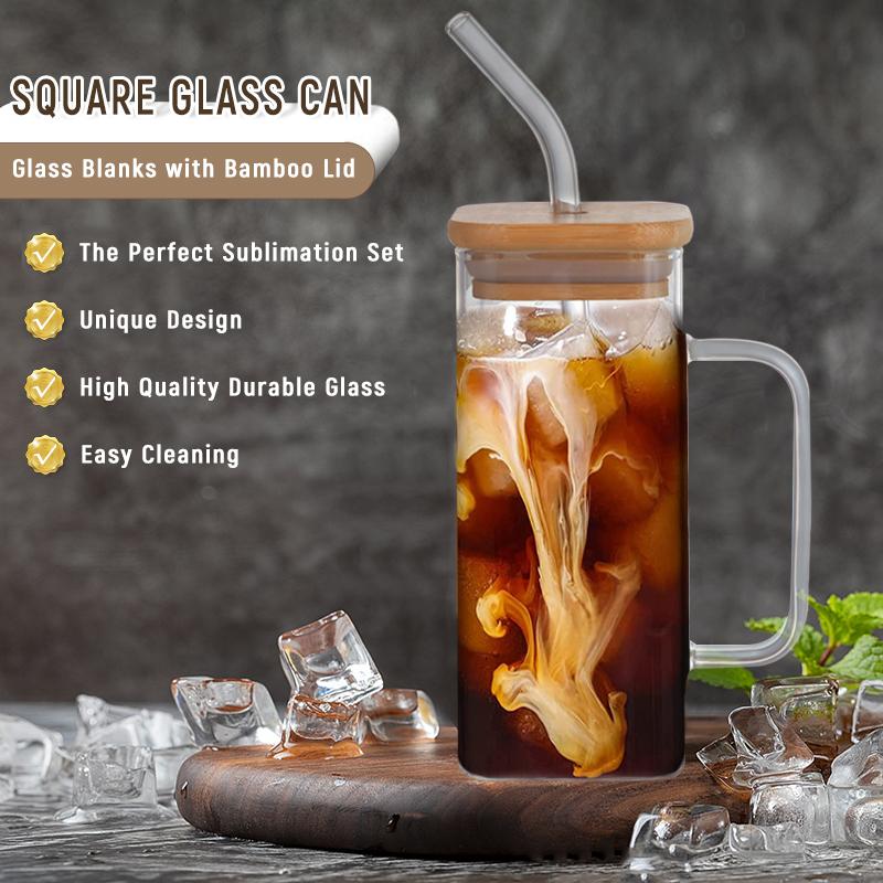 Hot Sale Water Tumbler Transparent Glassware Beverage Ice Coffee Tea Cup Square Glass Cup With Lid Straw Handle