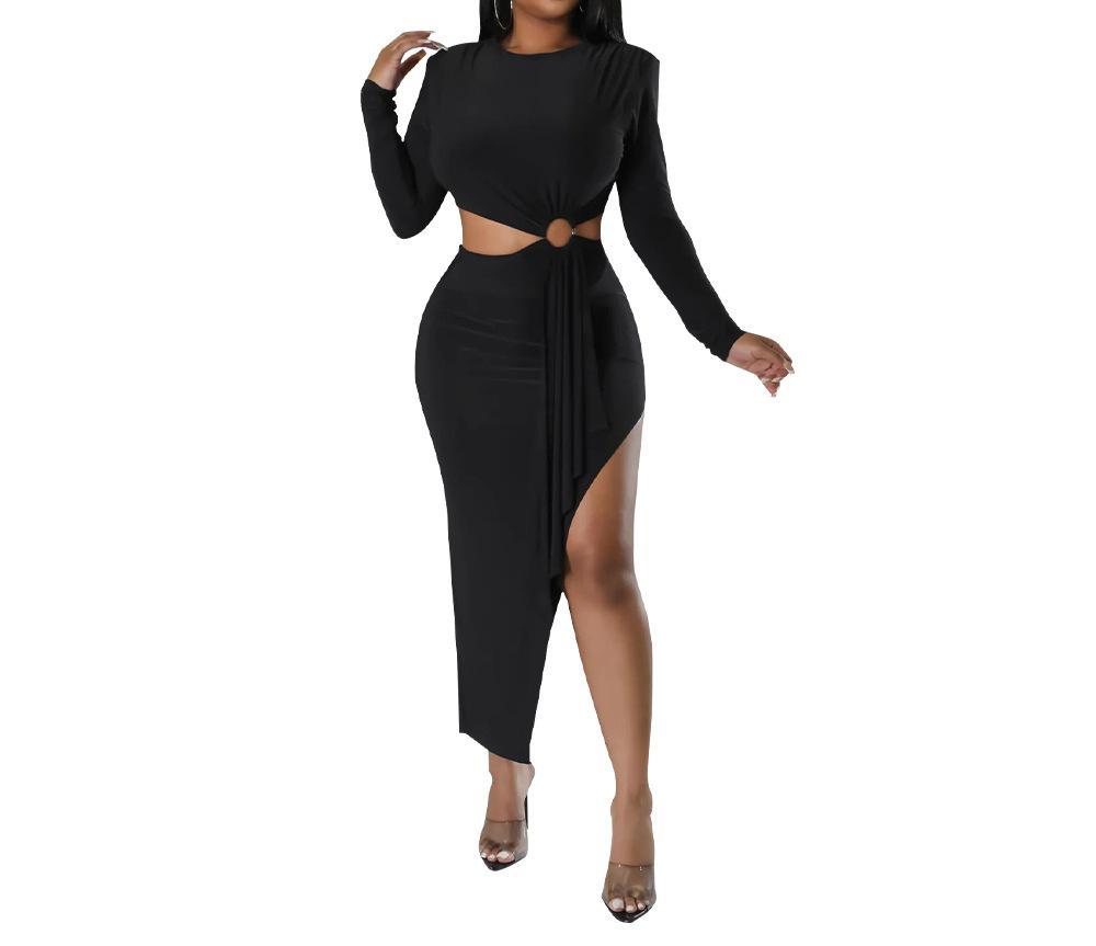 2024 Wholesale Autumn Women's New Slim Evening Dress Long Sleeve O Collar Side Exposed Waist Dress Women Elegant Casual Dress
