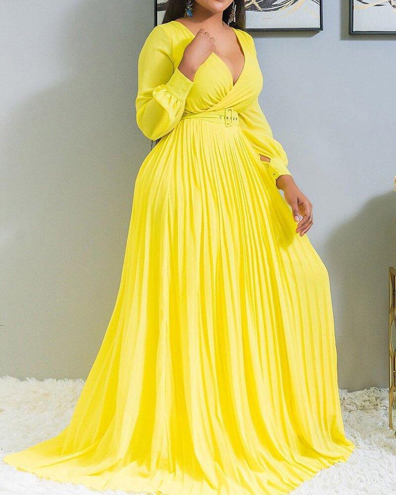 Fashion Women Evening Gown V-neck A Line High Waist Long Sleeve Pleated Maxi Weeding Dress Elegant