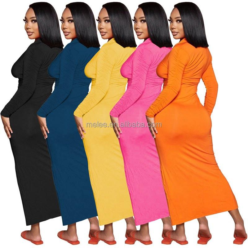 Y212040 Elegant Casual Women's Clothing Autumn And Winter Casual Pleated Solid Long Dress Button Long Sleeve Sexy Dress