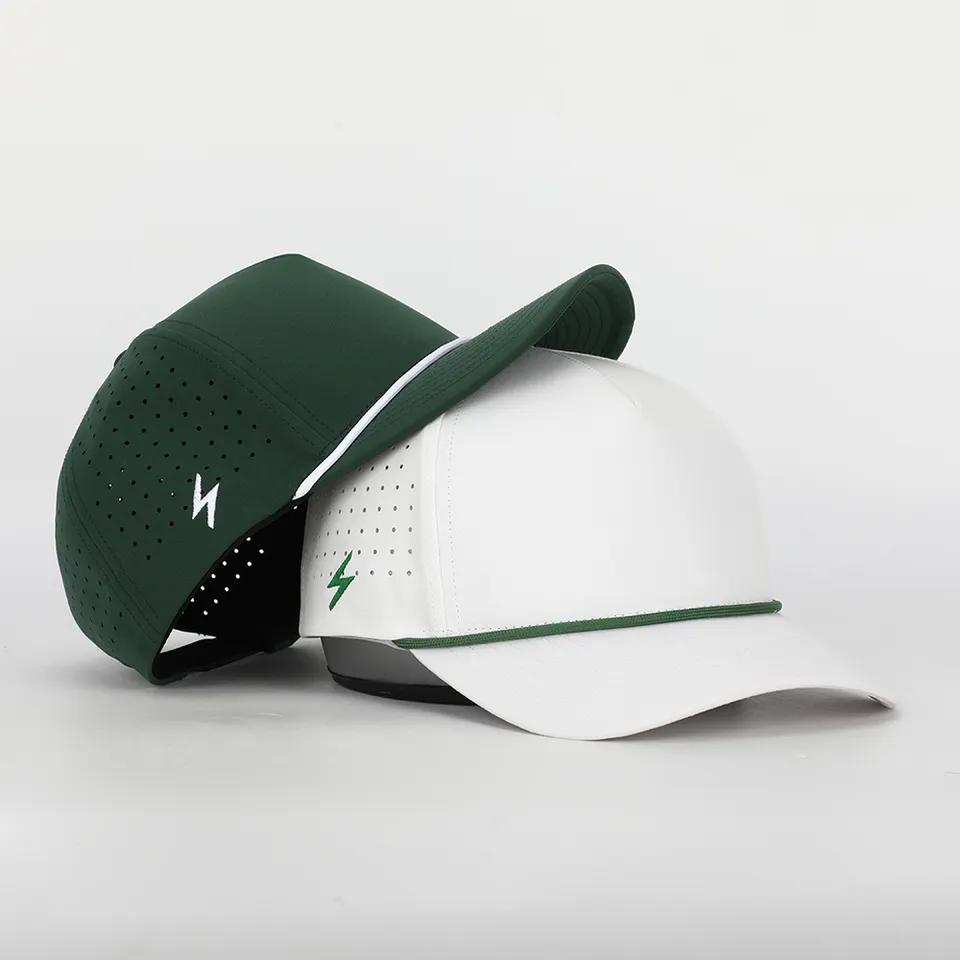 Custom Logo 5 Panel Plain Blank Golf Cap Cut Hole Perforated Classic Quick Dry Polyester Rope Cap