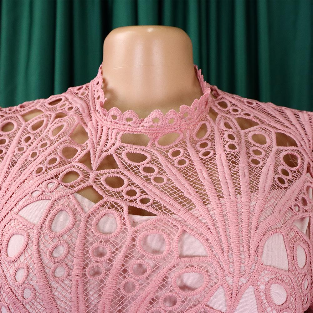 Women Crochet Lace Party Pleated Fashion Women Maxi Casual Dress Plus Size Long Sleeve Church Women Elegant Dress