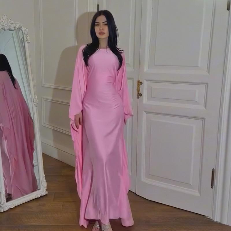 2024 Silk Satin Poncho Long Sleeve Loose Muslim Gown Luxury Kaftan Fashion Elegant Women Abaya Maxi Women's Dress