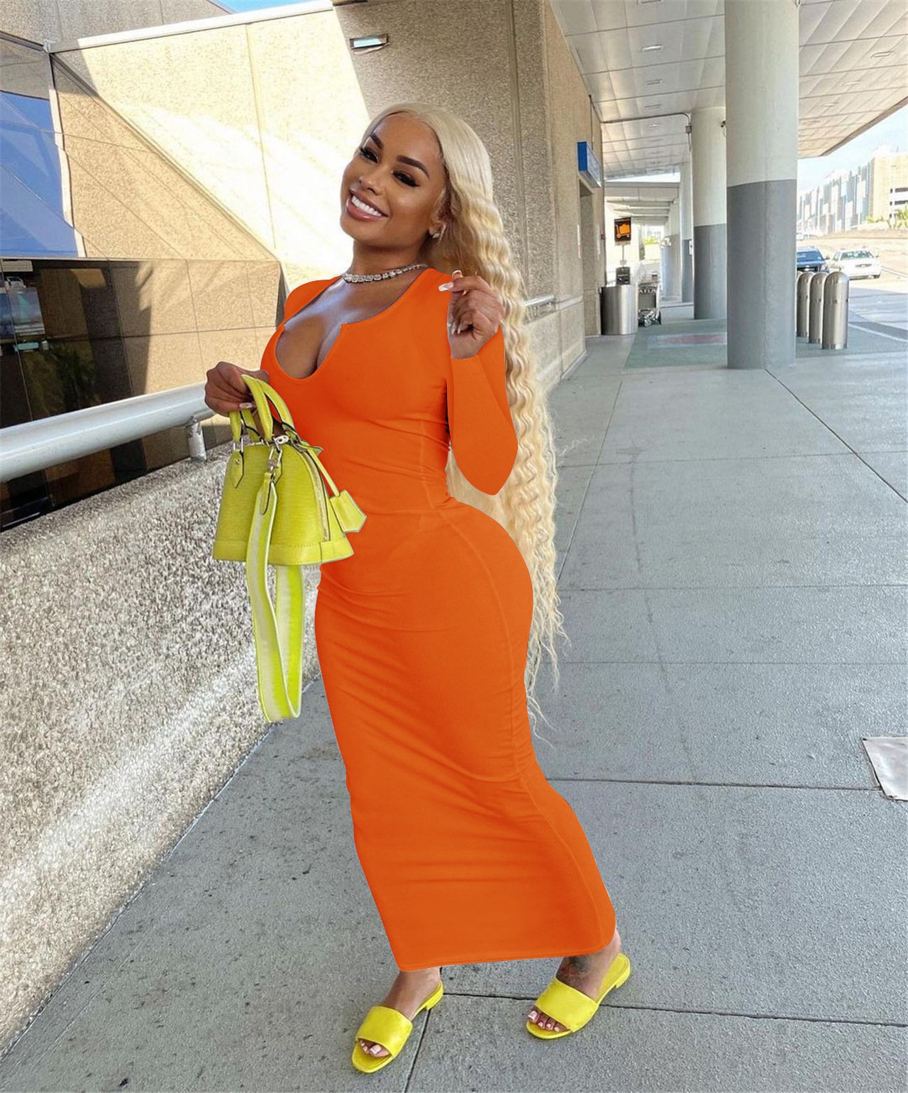 Wholesale Women's Deep V-neck Slim-fit Sexy Long Sleeve Dress Women's Summer Clothes Women's Casual Dress
