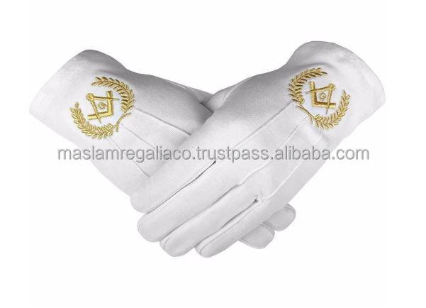 Royal Blue Square & Compasses Machine Embroidered Masonic White Cotton Gloves