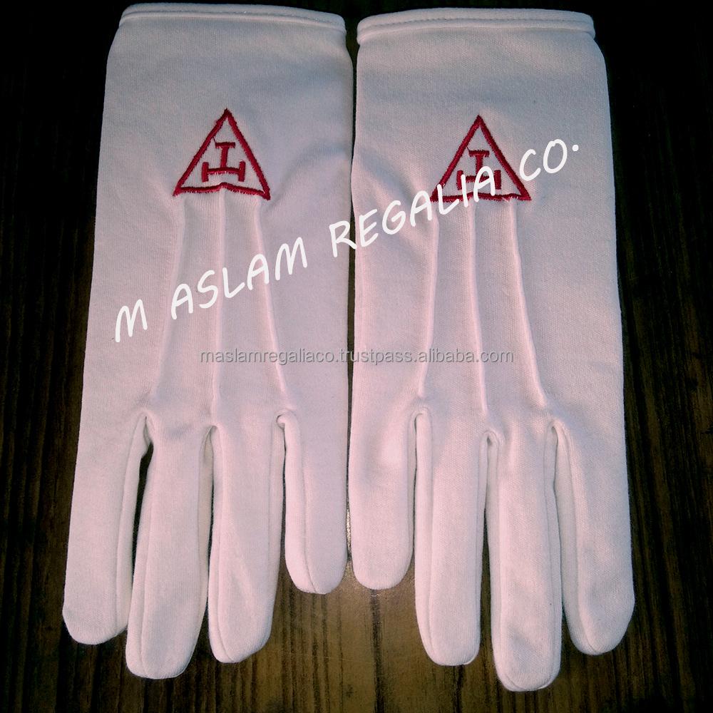 Royal Blue Square & Compasses Machine Embroidered Masonic White Cotton Gloves