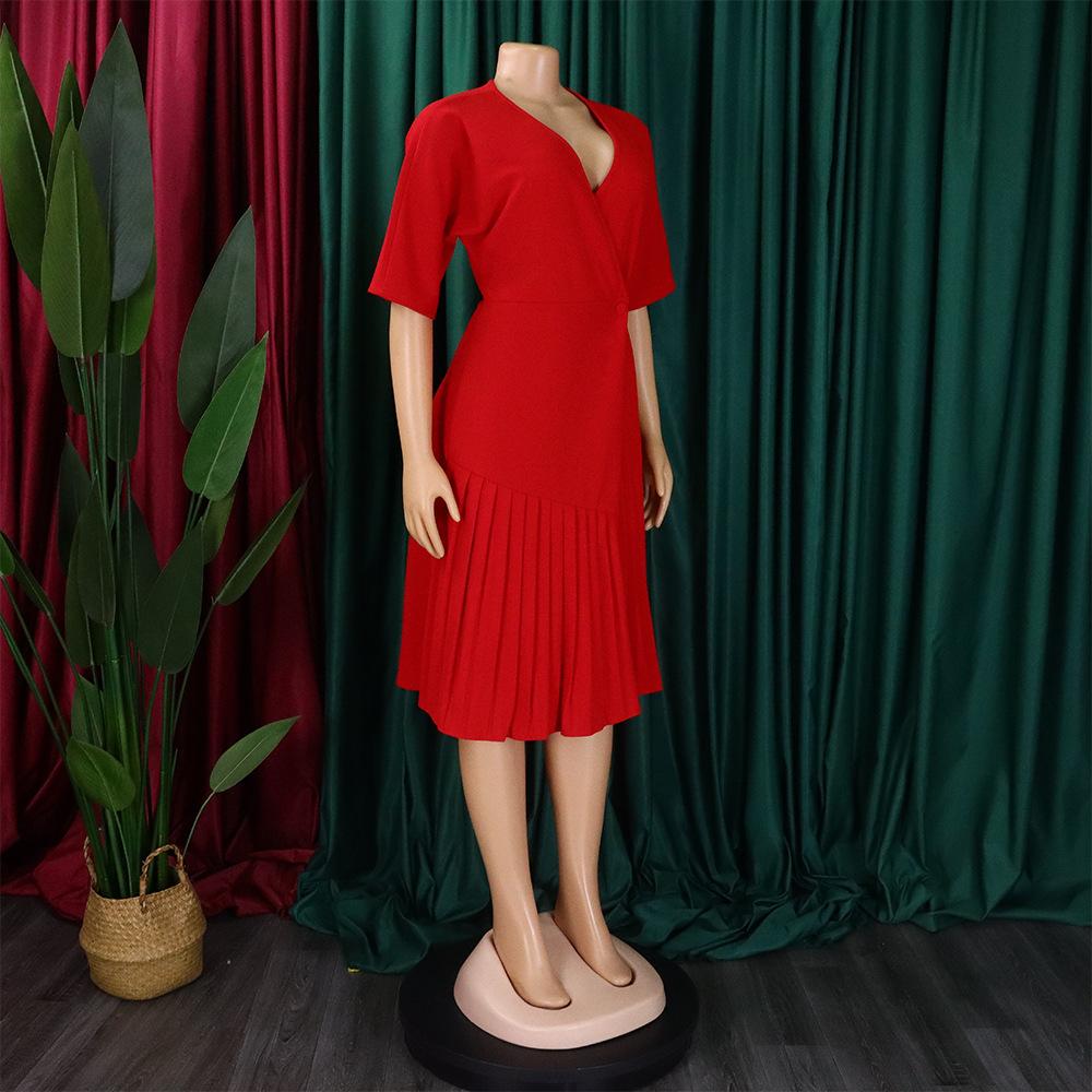 Latest Design Custom V-neck Waist Fashion Short Sleeve Pleated Irregular Tight Fashion Casual Dress