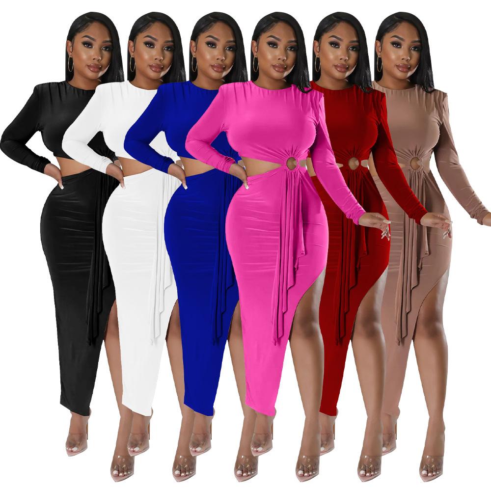 2024 Wholesale Autumn Women's New Slim Evening Dress Long Sleeve O Collar Side Exposed Waist Dress Women Elegant Casual Dress
