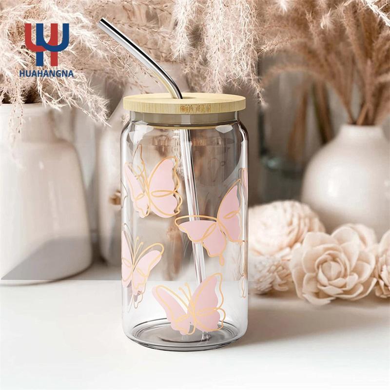 UV Printing 16 Oz 20 Oz 25 Oz Soda Beer Can Shaped Glass Juice Milk Drinking Glass With Bamboo Lid And Straw For Christmas