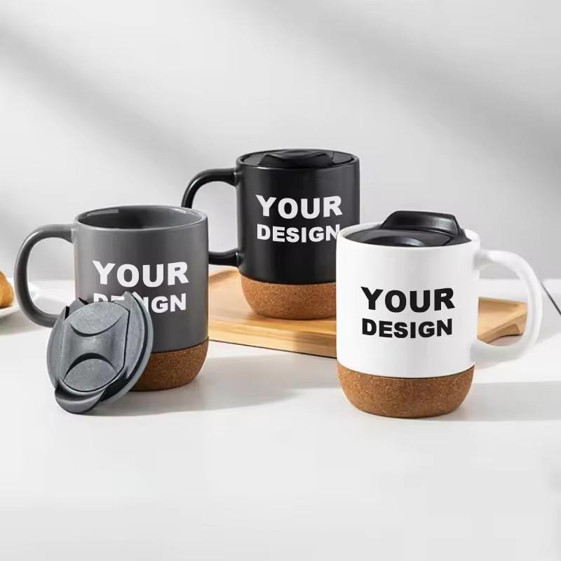 Customized Logo Creative 15 Oz 450 Ml Gift Office Home Indoor Milk Coffee Tea Cup Ceramic Cup With Cork Bottom Base And Sliding Cover