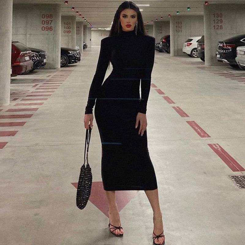 Women's Autumn New Fashion Solid Color Slim High Collar Long Sleeve Elegant Dress Wholesale