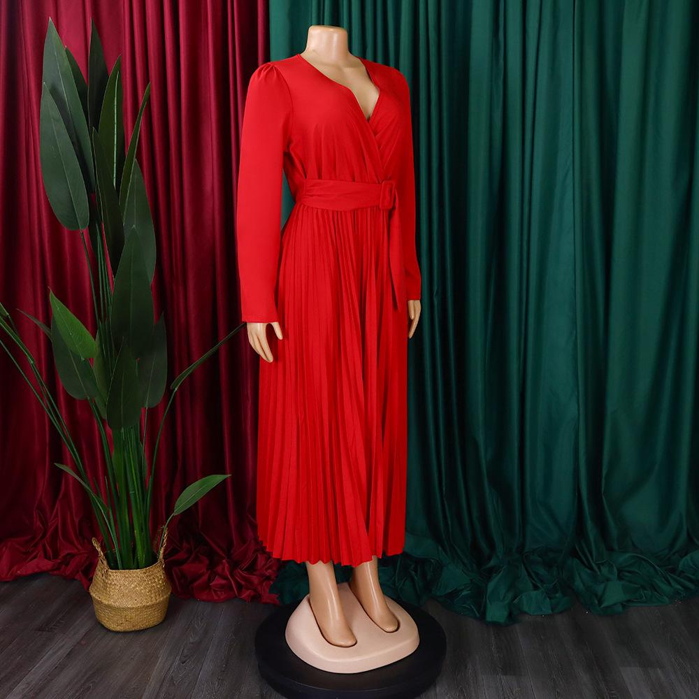 D419 Latest Design Ladies Office Dress Ladies Elegant Solid Color Long Sleeve Lace-up V-Neck Slim Pleated Skirt