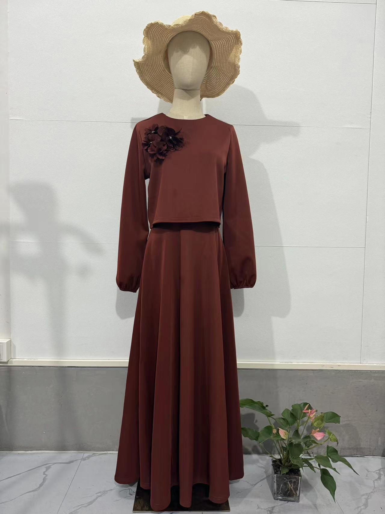 Wholesale Fashion Elegant Moderation Islamic Clothing Two-Piece Muslim Women Casual Shirt Floral Lantern Sleeve Loose Dress Suit
