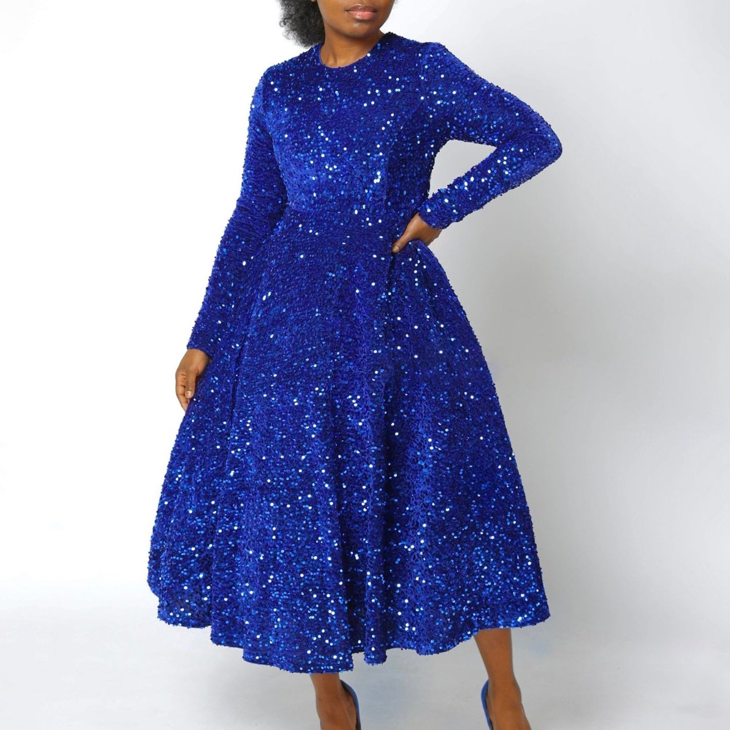 D469 Fashion Party Dress Women O Collar Long Sleeve High Waist A Line Sequin Dress Women Luxury Evening Dress