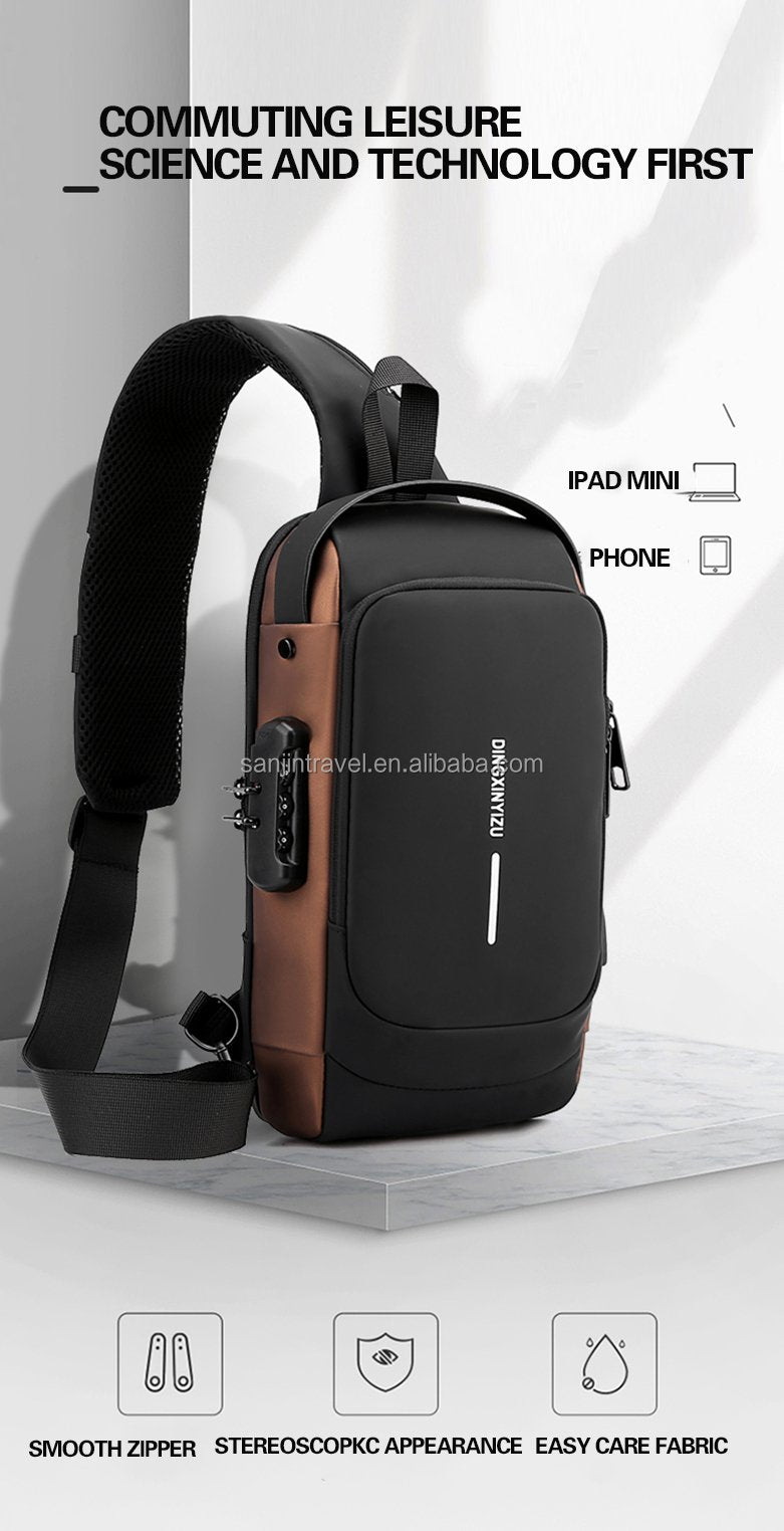 Fashion Anti-theft Men's Chest Bag Waterproof USB Charging Multi-function Shoulder Bag With Anti-theft Lock Universal PU Leather