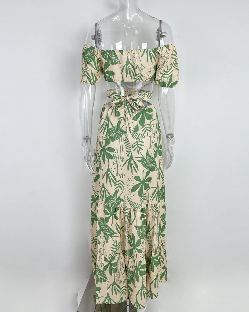 Women's Fashion Print Elegant Slim-fit Print Hollow Lace-up Dress