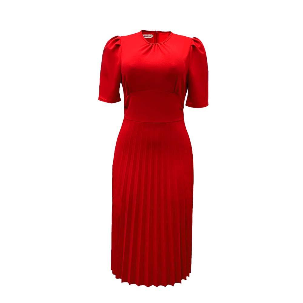 2023 New Plus Size Women's Summer New Short Sleeve Pleated Solid Color Plus Size Dress Women's Elegant
