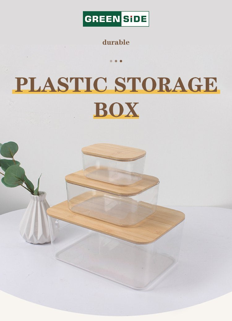 GREENSIDE Wholesale OEM Transparent Office Trash Can Transparent Durable Refrigerator Plastic Storage Box With Bamboo Lid