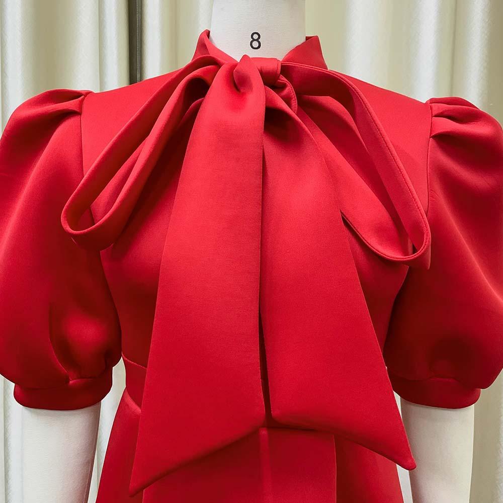 D235 Latest Design Summer Banquet Dress Women Elegant Solid Color Bow Short Sleeve Party Dress Evening Dress