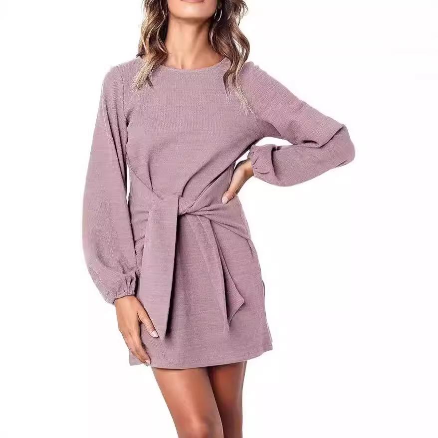 High Quality Elastic Knitted Material Lantern Sleeves Business Office New Dress Design Girls Elegant Women's Clothing