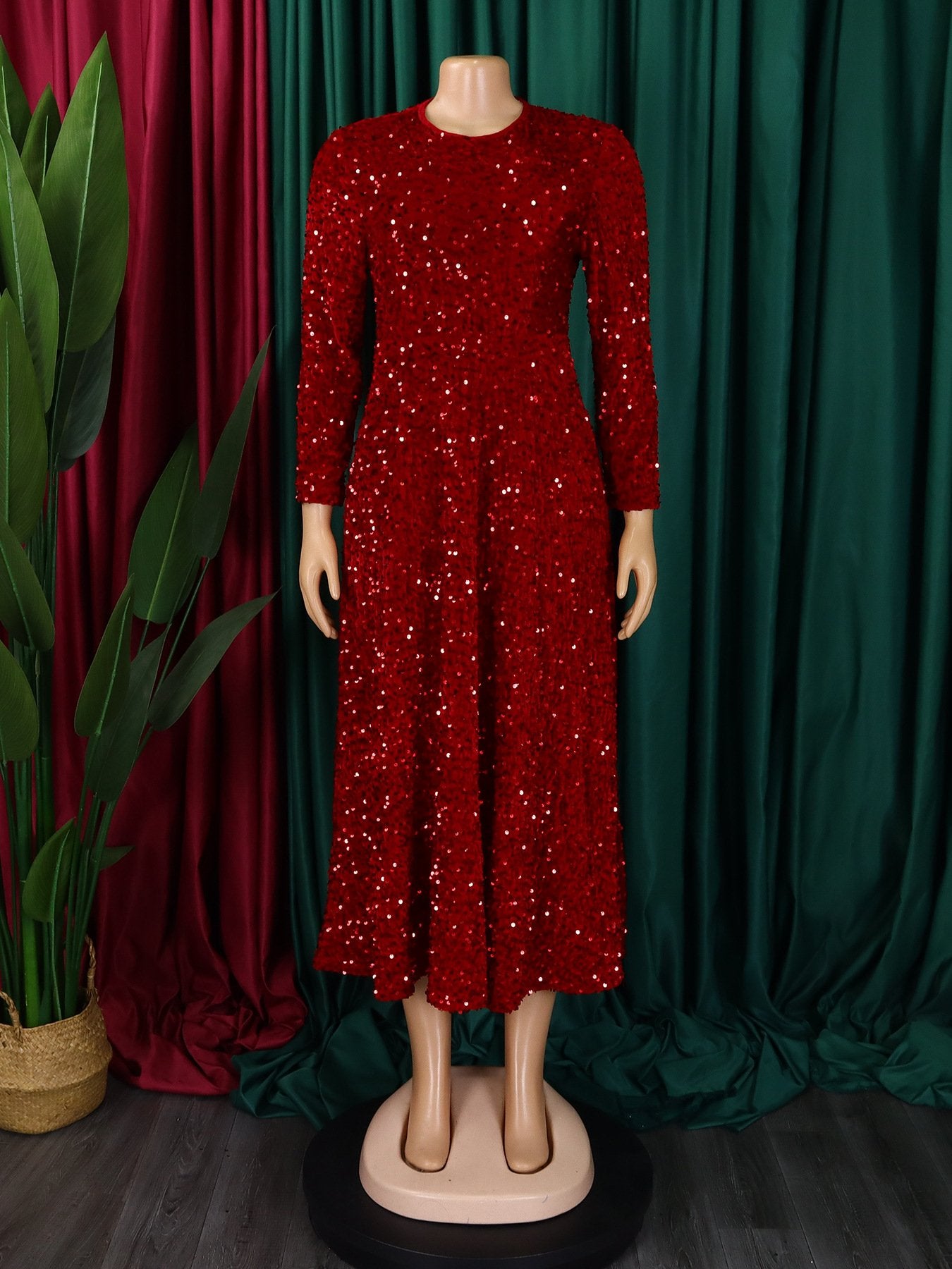 D469 Fashion Party Dress Women O Collar Long Sleeve High Waist A Line Sequin Dress Women Luxury Evening Dress
