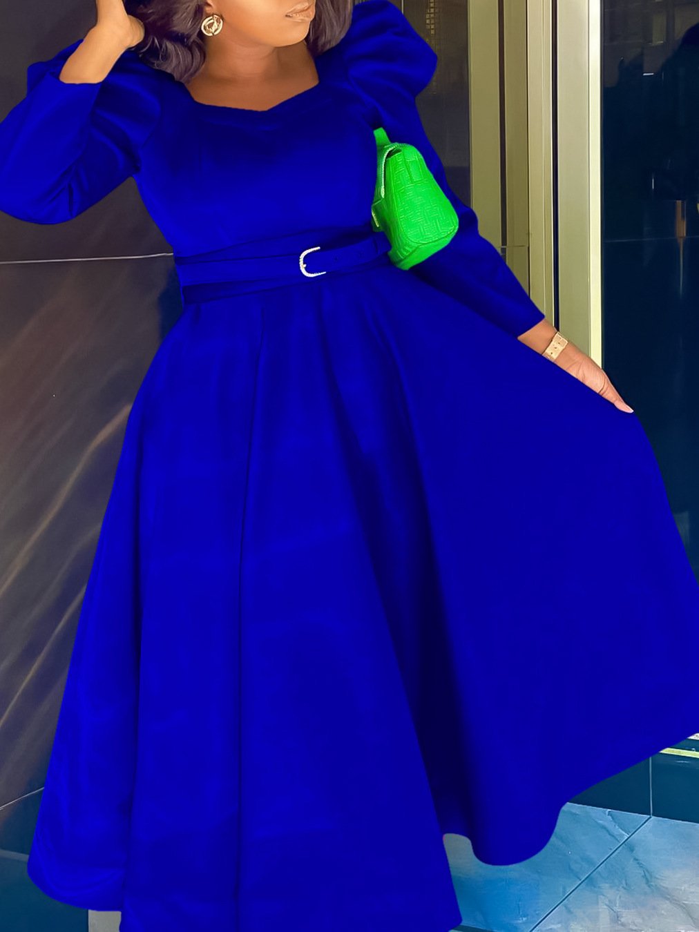 2024 Wholesale African Women's Elegant Long Puff Sleeve Square Collar Solid Color Maxi Plus Size Dress