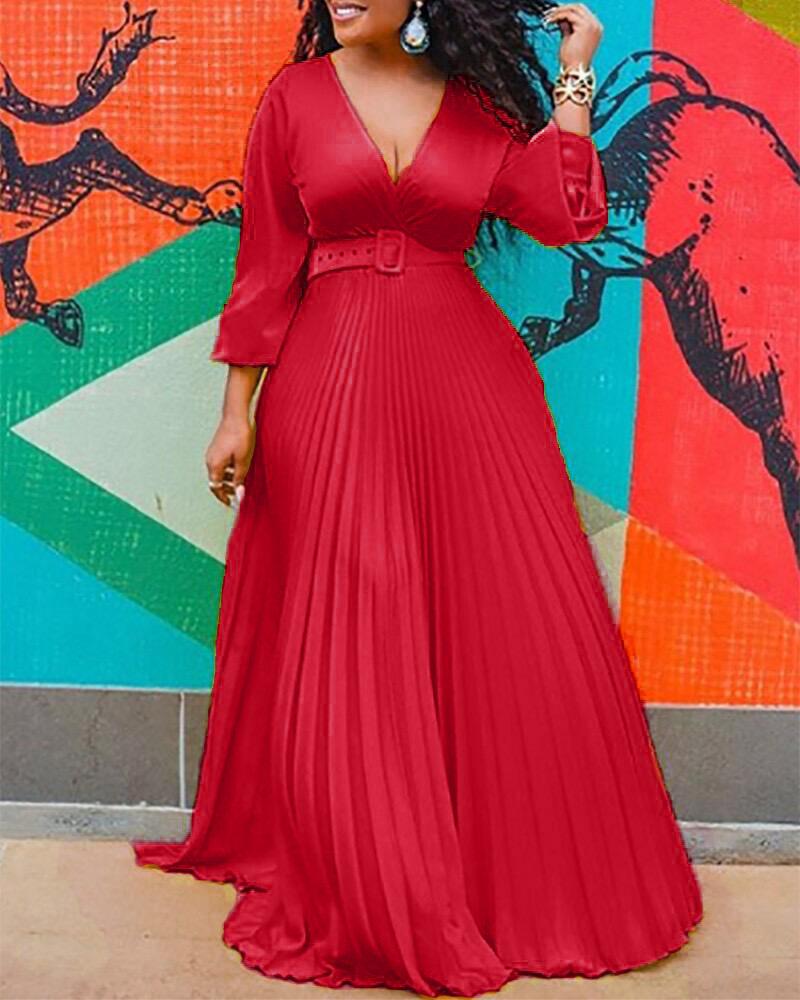 Fashion Women Evening Gown V-neck A Line High Waist Long Sleeve Pleated Maxi Weeding Dress Elegant