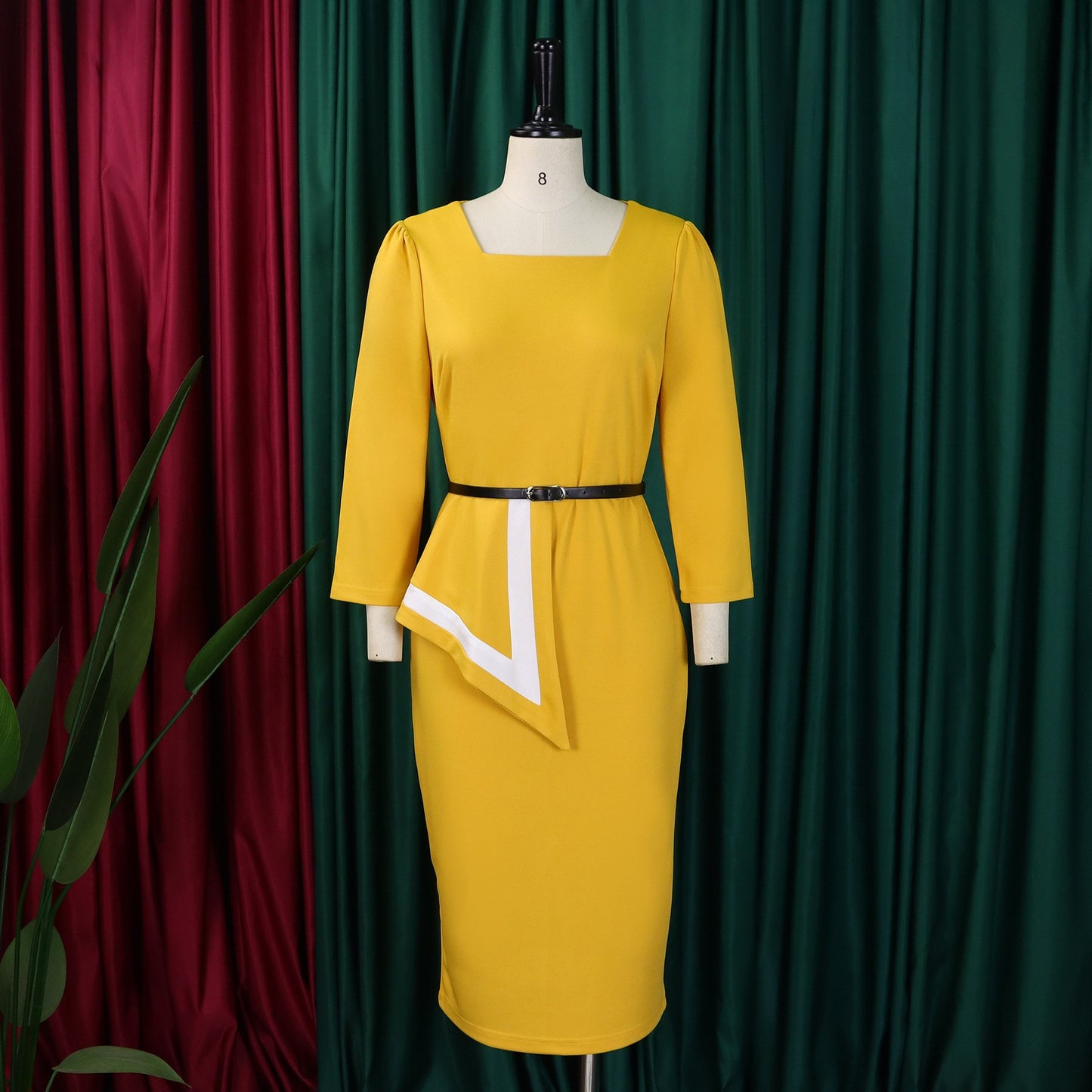 MG482 Fashion Elegant Ladies Office Dress Women Formal Work 3 Quarter Sleeve Square Collar Professional Dress Women Church Dress