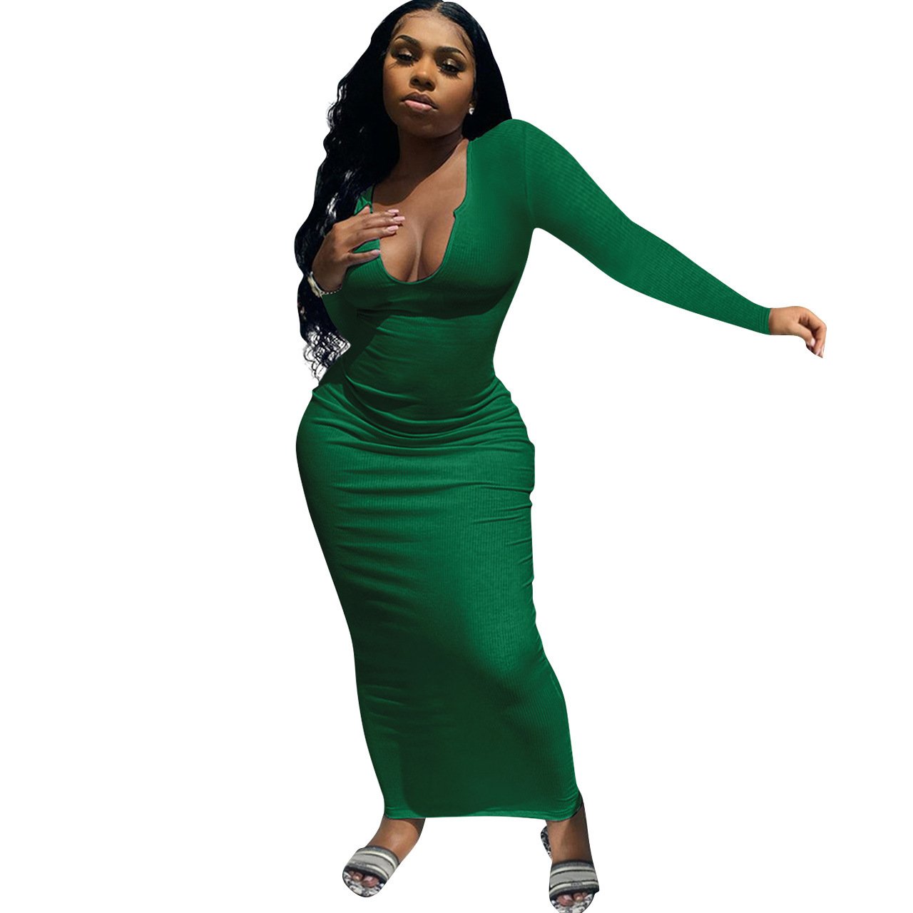 Wholesale Women's Deep V-neck Slim-fit Sexy Long Sleeve Dress Women's Summer Clothes Women's Casual Dress
