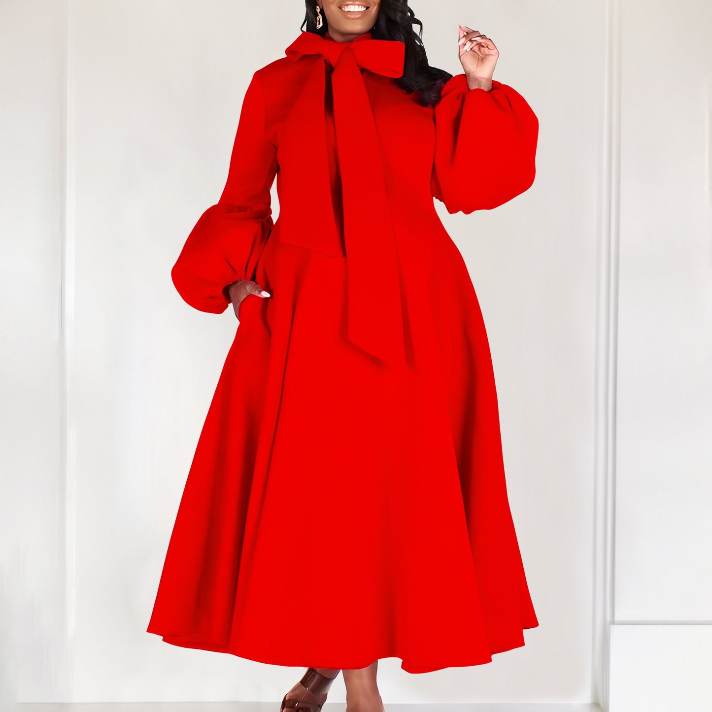 New Women's Elegant Elegant Women's Puff Cuff Large Skirt High Waist Women's Office Dress