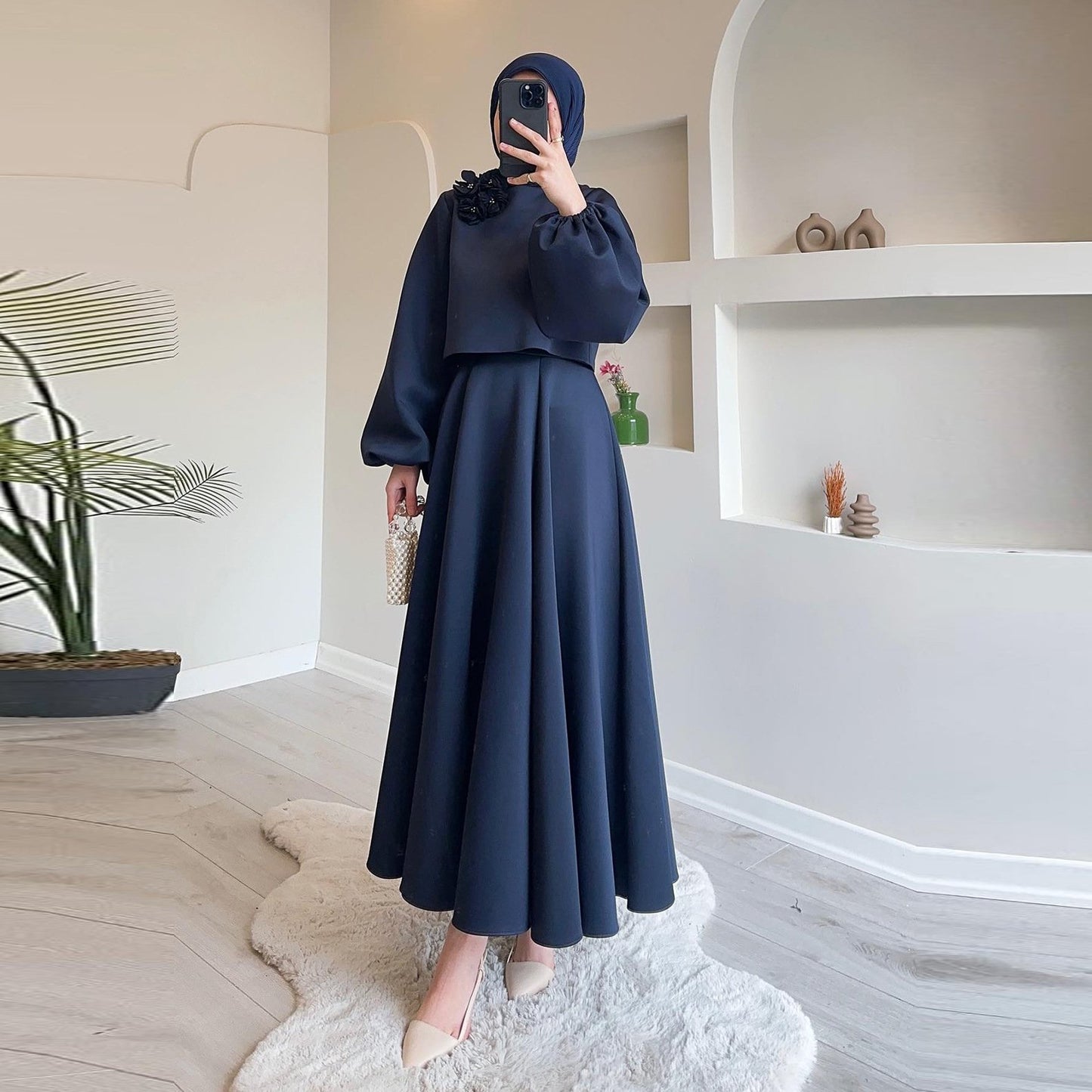 Wholesale Fashion Elegant Moderation Islamic Clothing Two-Piece Muslim Women Casual Shirt Floral Lantern Sleeve Loose Dress Suit