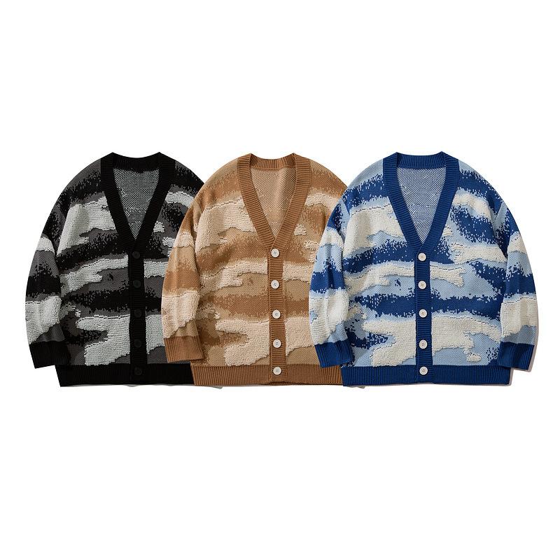Nanteng Custom Logo Low MOQ 100% Cotton Fashion Casual V-neck Jacquard Pattern Knitted Button Men's Cardigan Sweater