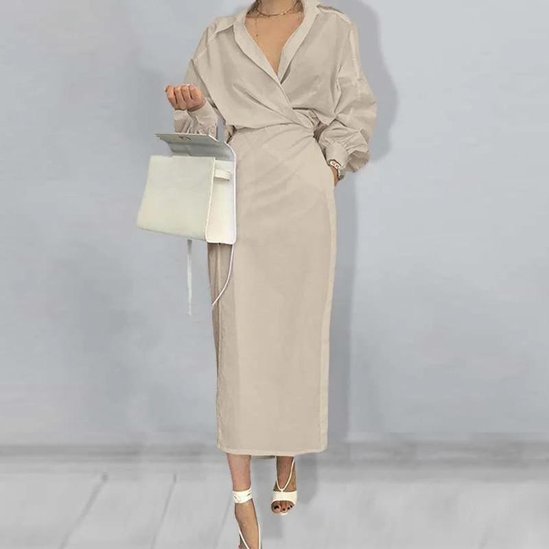 HY 2023 Spring Women's New Solid Color Elegant Long Sleeve Casual Commuting Dress