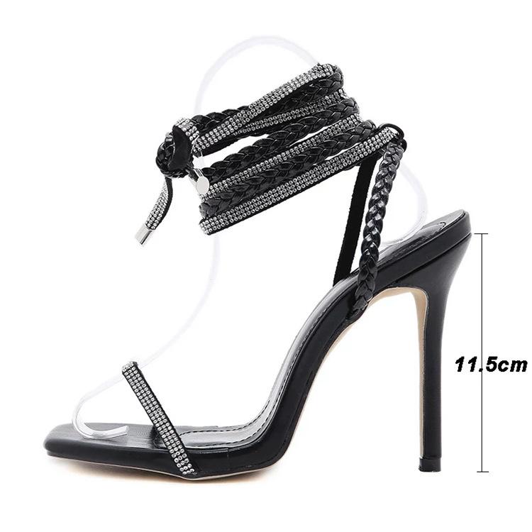 Summer Fashion Rhinestone Woven Square Toe Stiletto Heels Open Toe Strap Ankle Strap Sandals High Heels Women