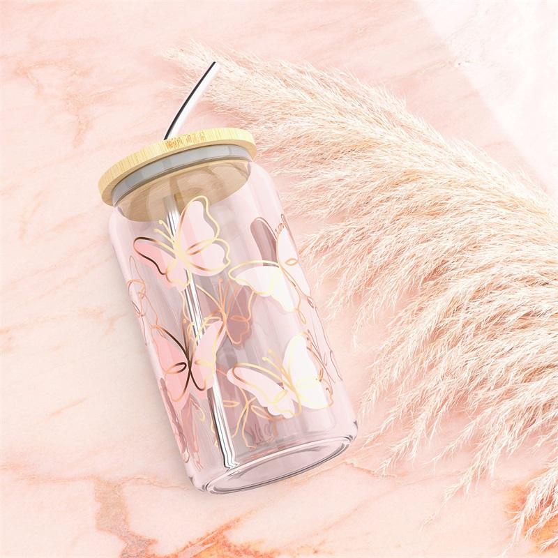 UV Printing 16 Oz 20 Oz 25 Oz Soda Beer Can Shaped Glass Juice Milk Drinking Glass With Bamboo Lid And Straw For Christmas