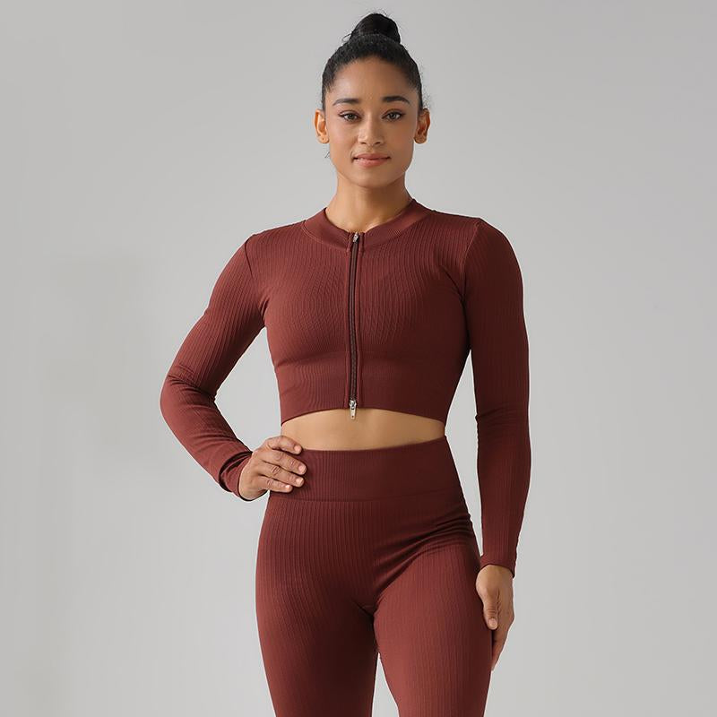 High Quality Rib Zipper 6-piece Set Active Wear Fitness Seamless Yoga Suit Sports Bra Leggings Women's Fitness Suit