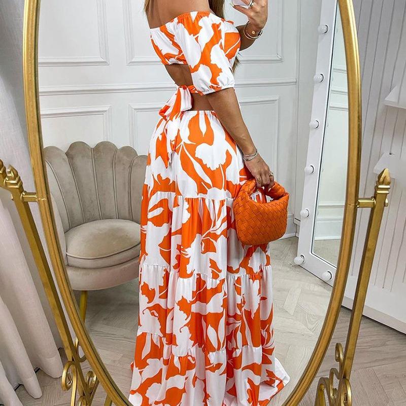 Women's Fashion Print Elegant Slim-fit Print Hollow Lace-up Dress