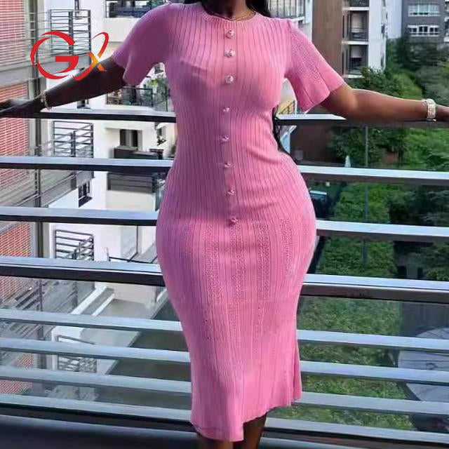 GX3145 New 2024 Summer Wholesale Women's Short Sleeve Elegant Knitted Tight Dress Wrap Midi Dress