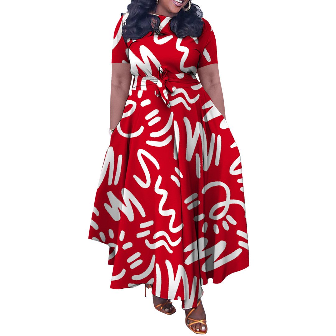 Plus Size Hot Sale New Digital Printing Dress Women Geometric Color Short Sleeve O Collar A Line Belt Casual Dress